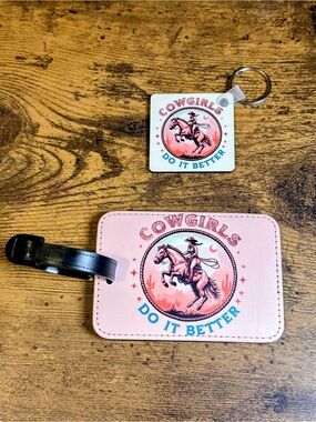 Handcrafted Cowgirls Do It Better Pink Luggage Tag & Double Sided Keychain Set
